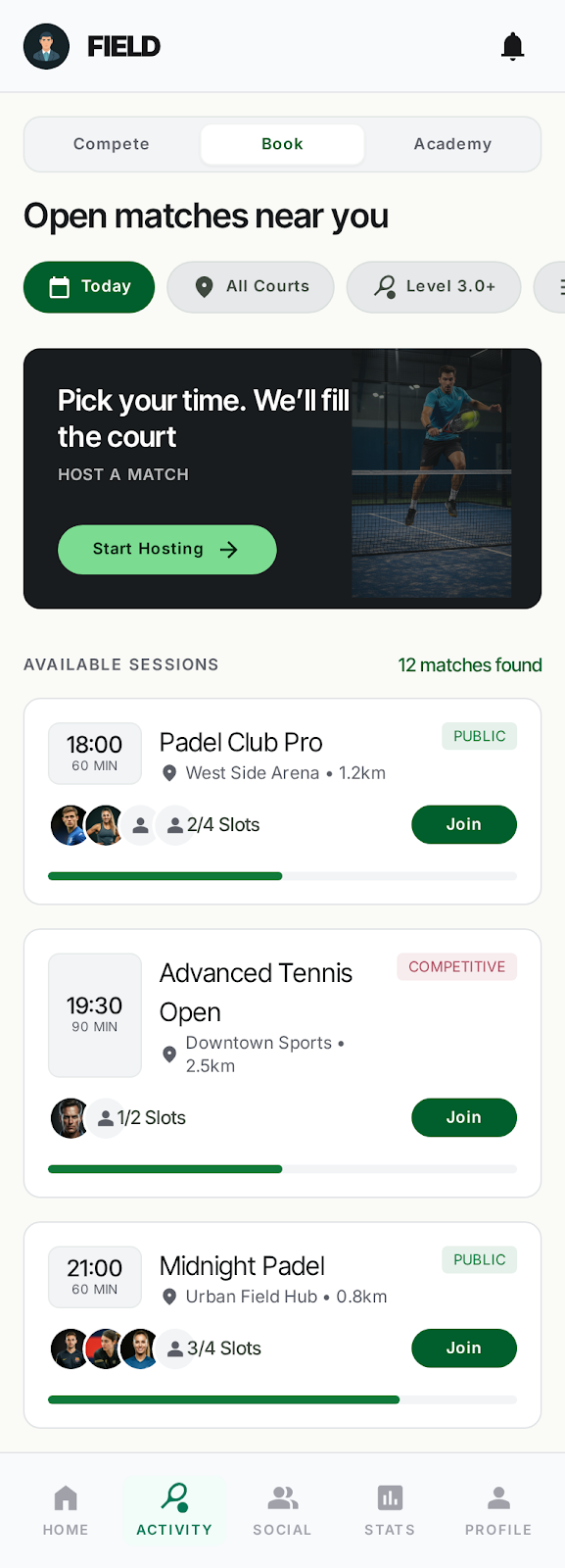 Field player app — Book a court