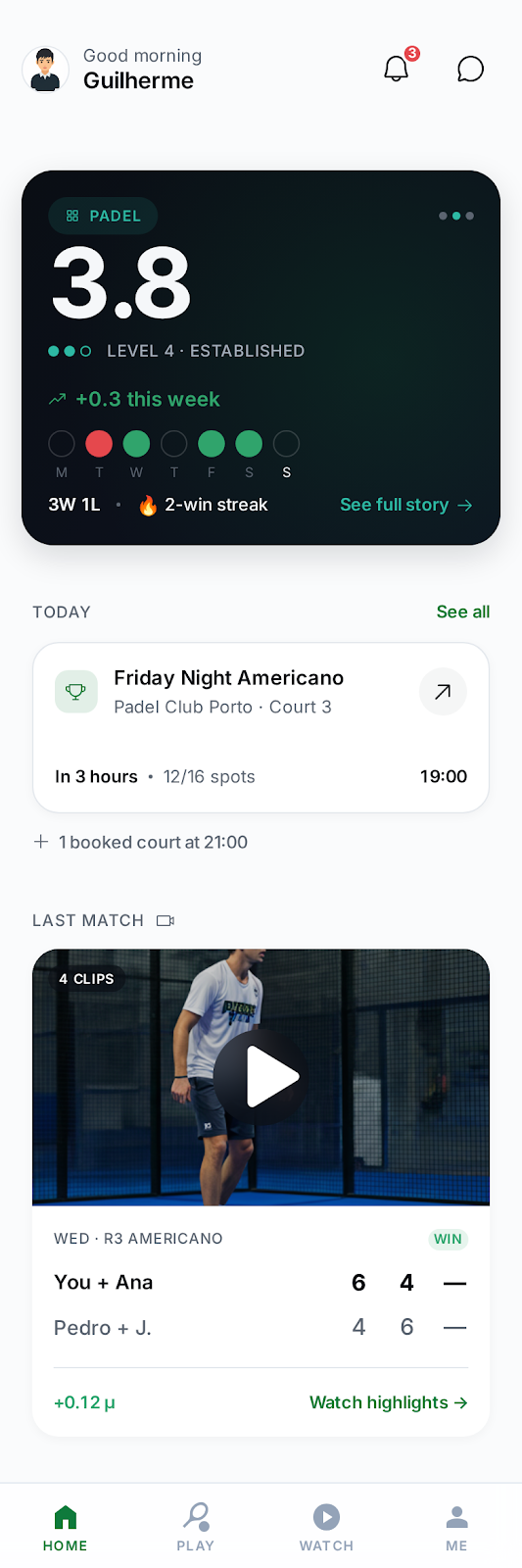 Field player app — Home dashboard