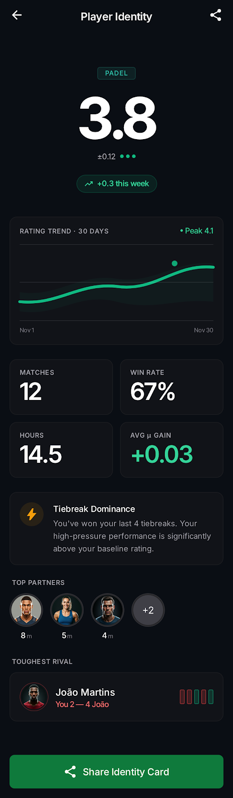 Field player identity card — rating trend, match stats, partners, rival
